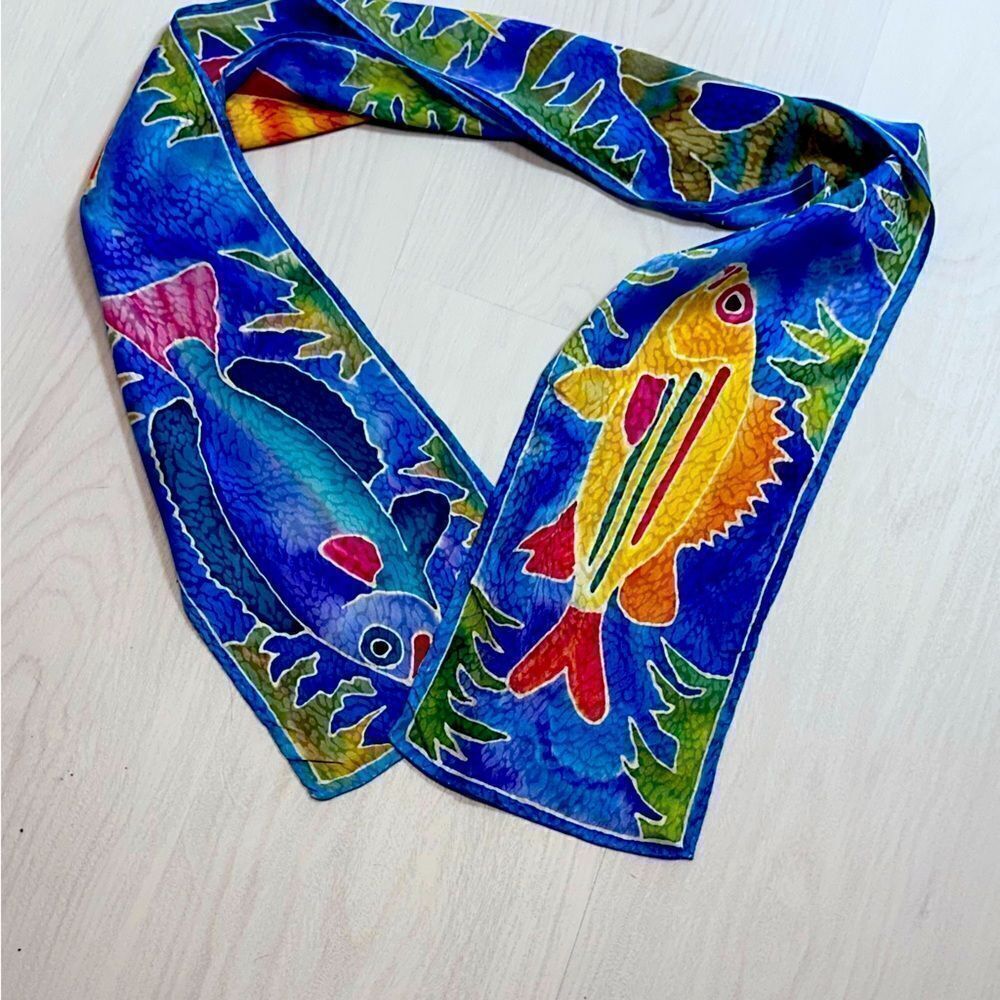 Vintage artist hand painted tropical fish silk scarf bright colors 7” x 53”